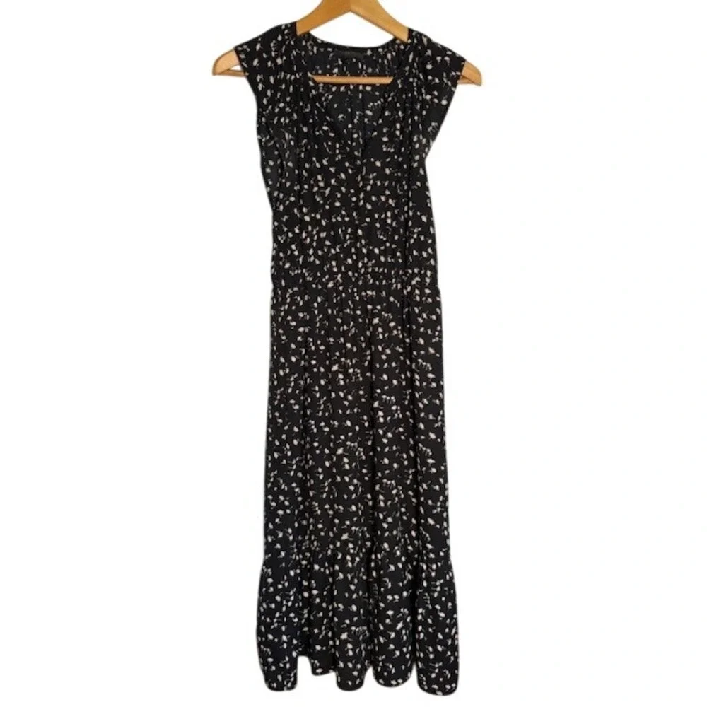 J. Crew Black Floral‎ Print Maxi Dress Cap Sleeve V Neck Smocked Waist XXS